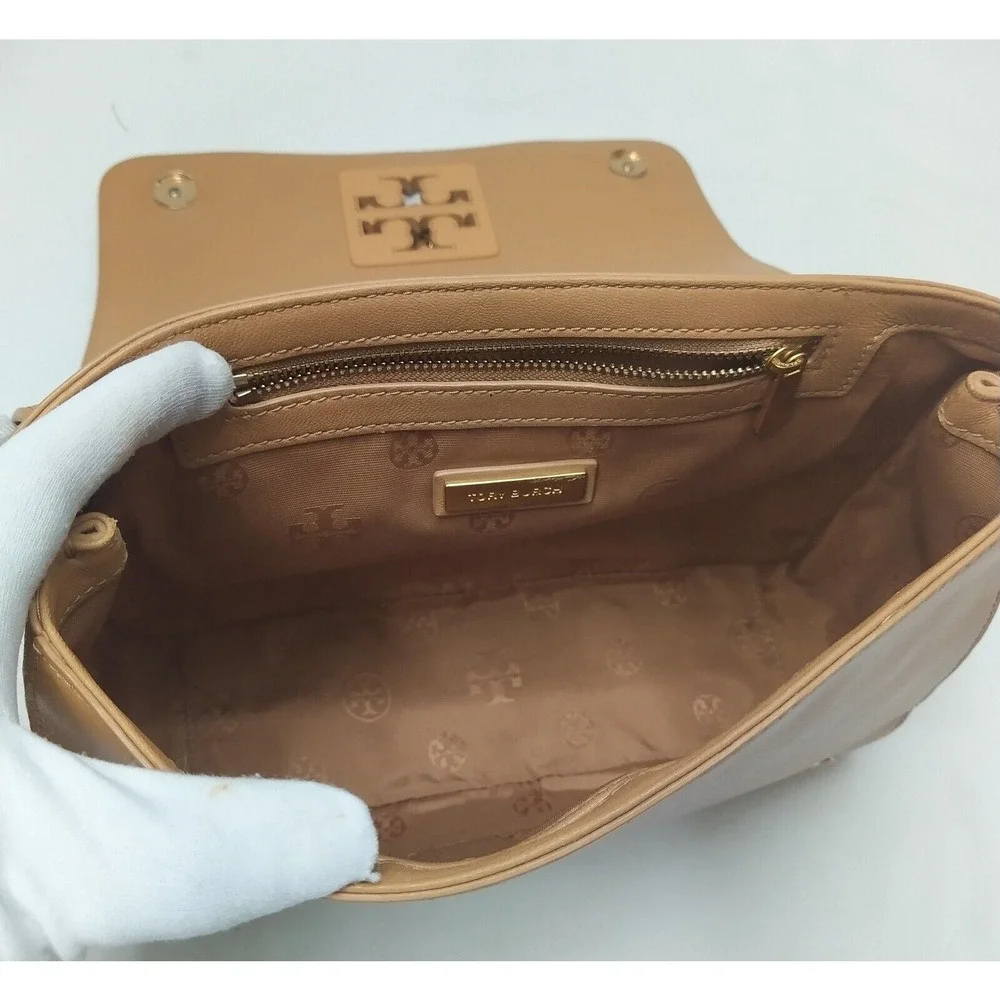 Tory Burch Tan Leather Block T Chain Strap Crossbody Shoulder Bag